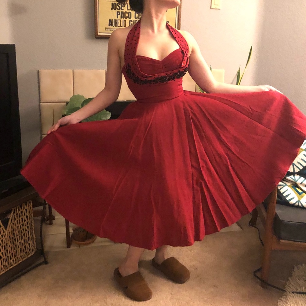 Garnet Red Halter Party Dress (beading detail)